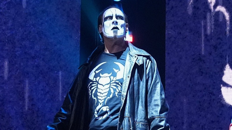 Sting reacting to the AEW crowd during his entrance in the promotion during his final run.