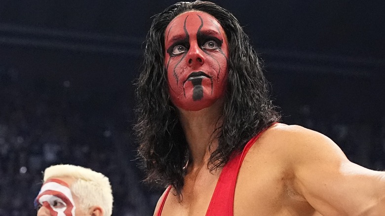 Steven Borden in ring alongside his brother, Garrett Borden, during AEW Revolution 2024 where both brothers dressed up as their father, Sting.