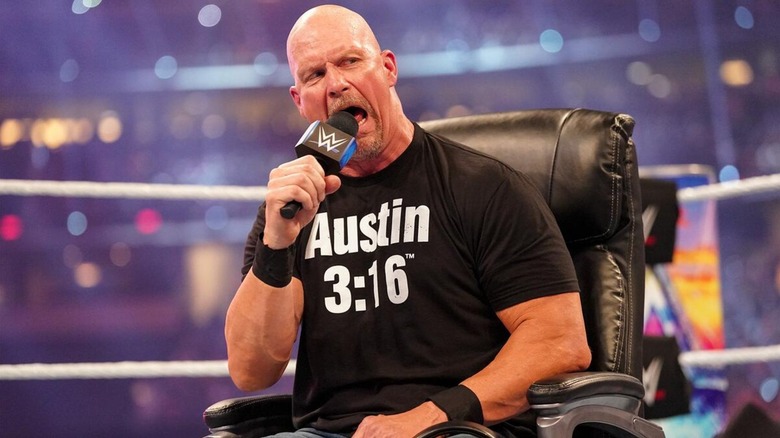 Stone Cold Steve Austin cutting a promo during his rivalry against Kevin owens in the lead up to WrestleMania 38.