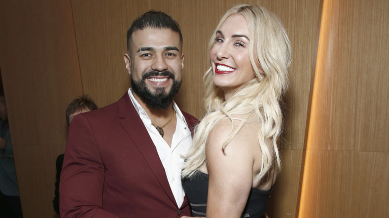 WWE Superstars Andrade and Charlotte Flair attend the WWE Superstars For Hope Reception on April 05, 2019 in New York City.