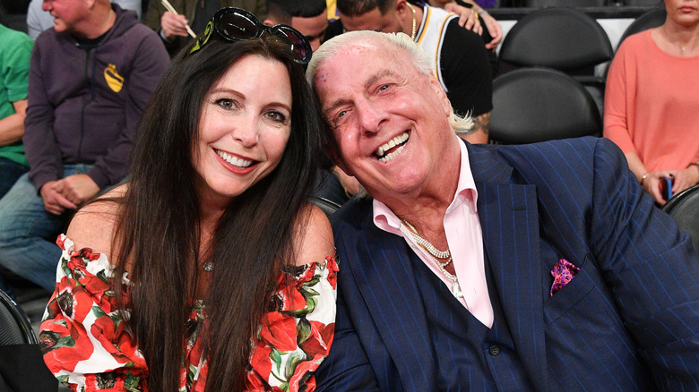 Wendy Barlow and Ric Flair attend a basketball game between the Los Angeles Lakers and the New Orleans Pelicans at Staples Center on February 25, 2020 in Los Angeles, California.