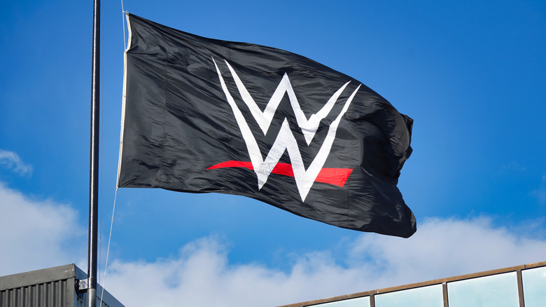 The WWE flag billows in the wind.