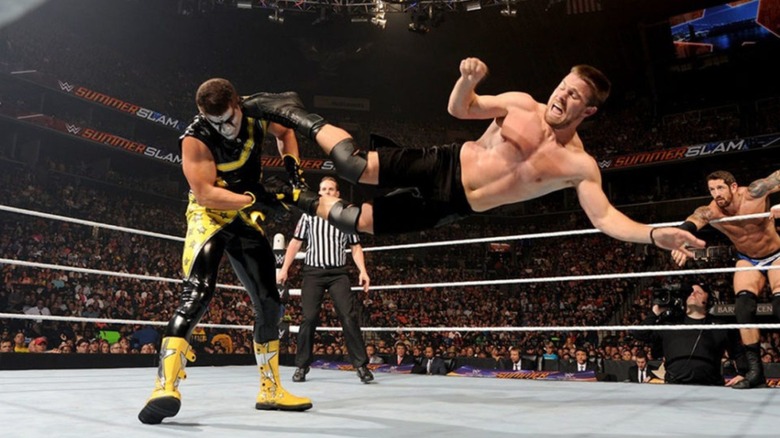 Stardust, Stephen Amell, and Wade Barrett at WWE SummerSlam 2015