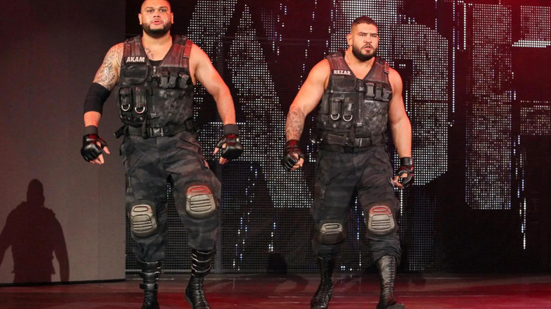 Akam and Rezar, known collectively as the Authors of Pain, strut down the ramp.