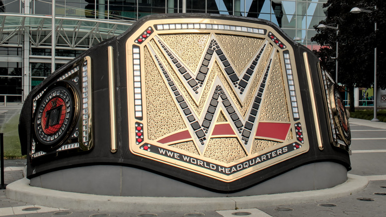 A large version of the WWE Championship outside WWE headquarters