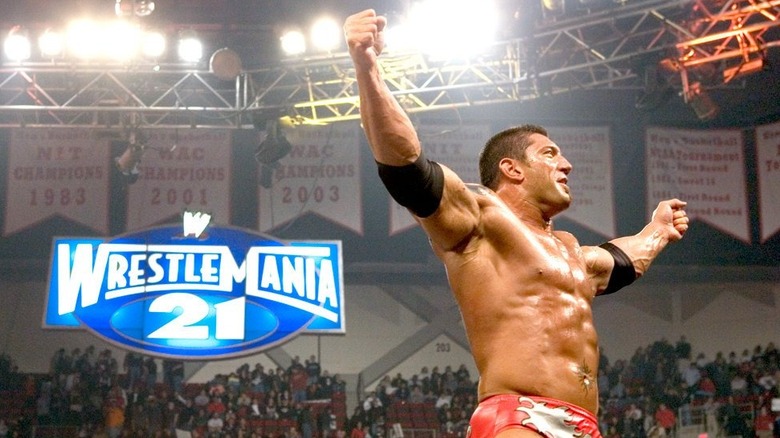Batista celebrating after his WWE Royal Rumble win