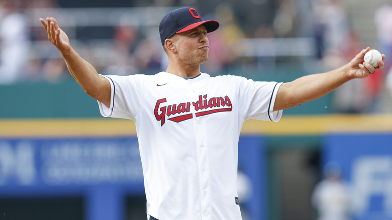 The Miz  throws a ceremonial pitch for Cleveland Guardians