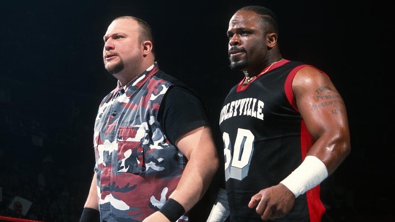 The Dudley Boyz eagerly await their opponents.