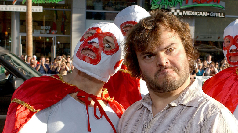 Jack Black and Nacho Libre cosplayers at the premiere of Nacho Libre