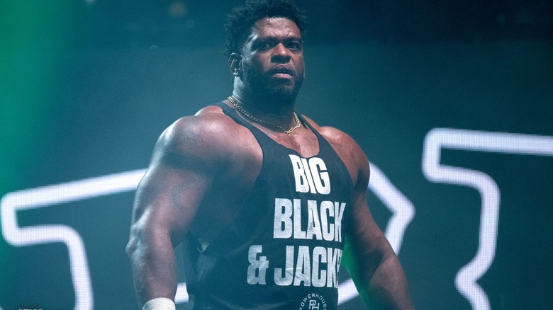 The Opps' Powerhouse Hobbs is pictured on the stage before the Anarchy in the Arena match at AEW Double or Nothing.
