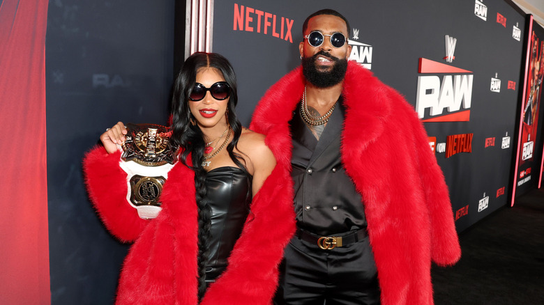 Bianca Belair and Montez Ford attend Netflix's Debut of WWE Monday Night Raw at Intuit Dome on January 06, 2025 in Inglewood, California.