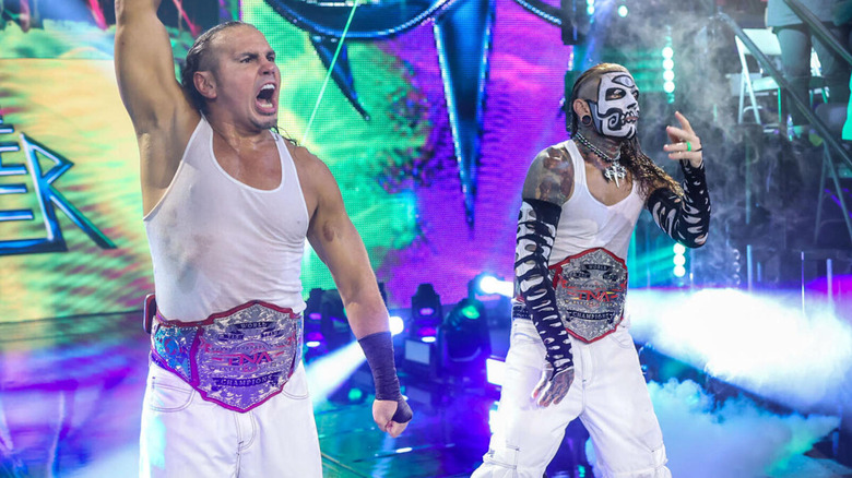 Matt and Jeff Hardy make their entrance as the TNA World Tag Team Champions.