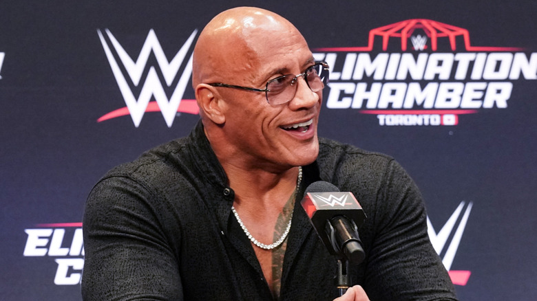 The Rock at the press conference following WWE Elimination Chamber Toronto