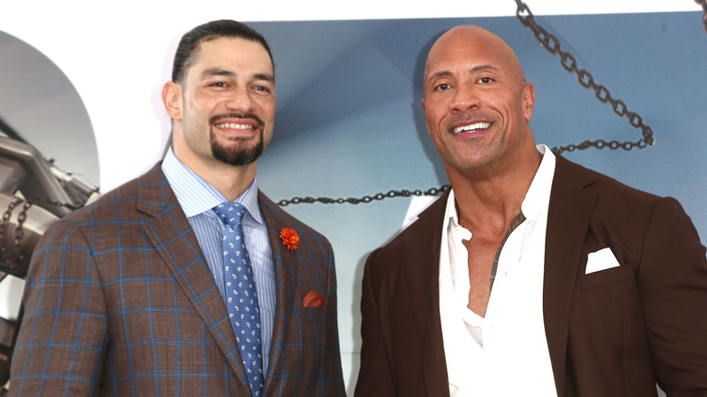 Roman Reigns and Dwayne Johnson attend the Premiere Of Universal Pictures' 