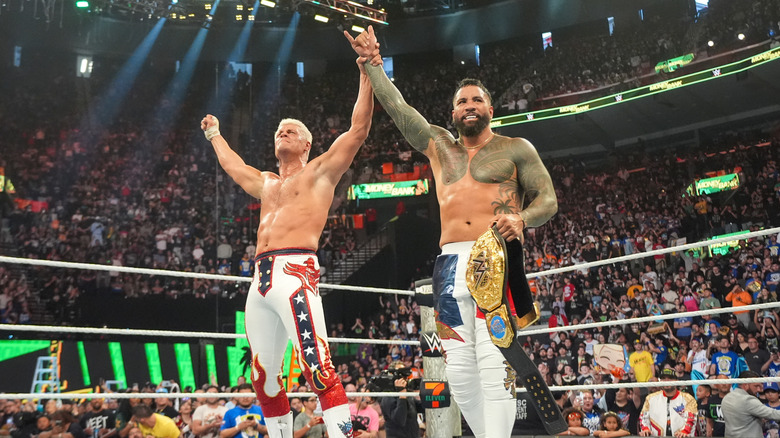 Cody Rhodes and Jey Uso celebrate their win during WWE Money in the Bank at Intuit Dome on June 7, 2025 in Inglewood, California.