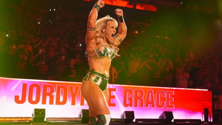 Jordynne Grace enters the 2025 Women's Royal Rumble with a brief pose on the stage before running down the ramp.