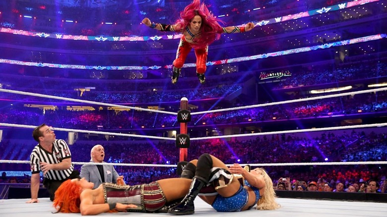 Becky Lynch, Sasha Banks, and Charlotte Flair at WWE WrestleMania 32