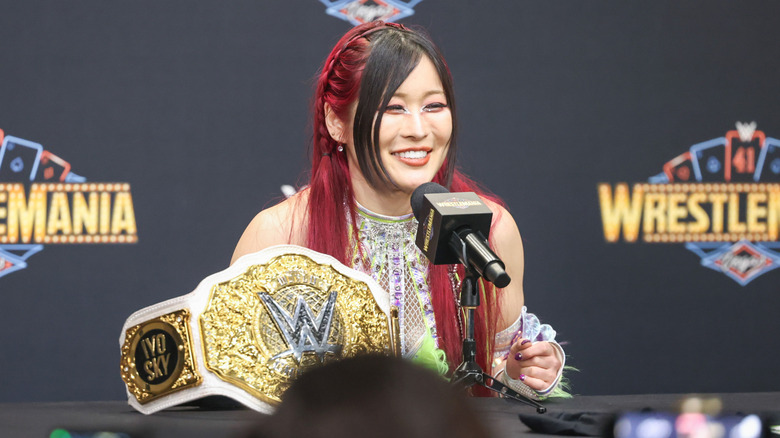 IYO SKY speaks at the WWE Post Show during WrestleMania 41 Sunday at Allegiant Stadium on April 20, 2025 in Las Vegas, Nevada.