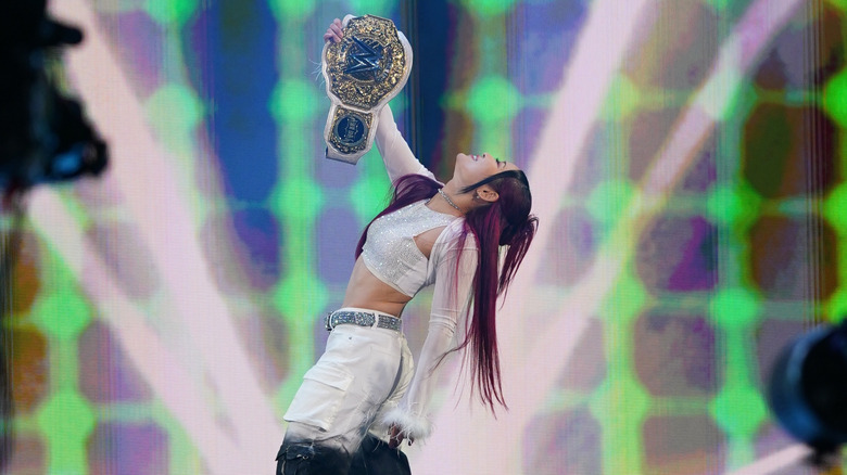 Women's World Champion Iyo Sky makes her entrance during Monday Night RAW at Resch Center on June 16, 2025 in Green Bay, Wisconsin.