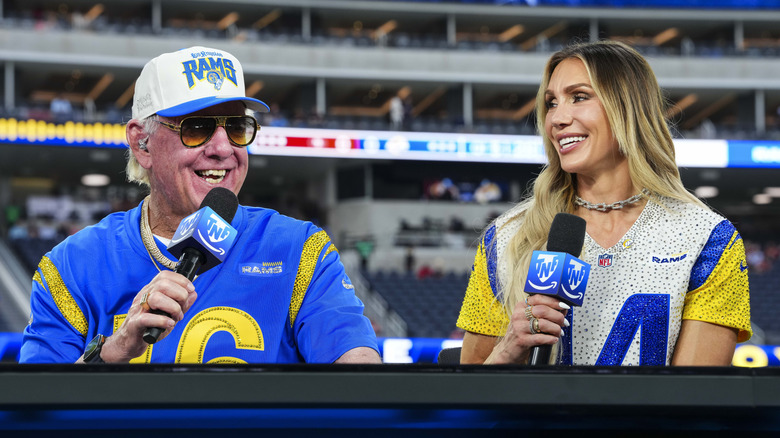Ric Flair and Charlotte Flair visit on set of the TNF on Prime pregame show prior to an NFL football game between the San Francisco 49ers and the Los Angeles Rams at SoFi Stadium on October 2, 2025 in Inglewood, California.