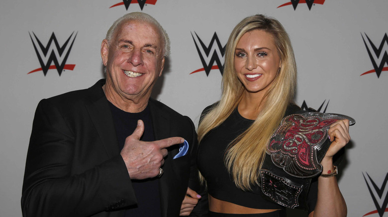 Ric Flair and Charlotte during WWE Germany Live Bremen - Road To Wrestlemania at OVB-Arena on February 10, 2016 in Bremen, Germany.