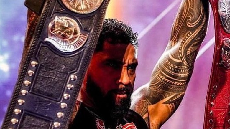 Jey Uso With The Undisputed WWE Tag Team Titles
