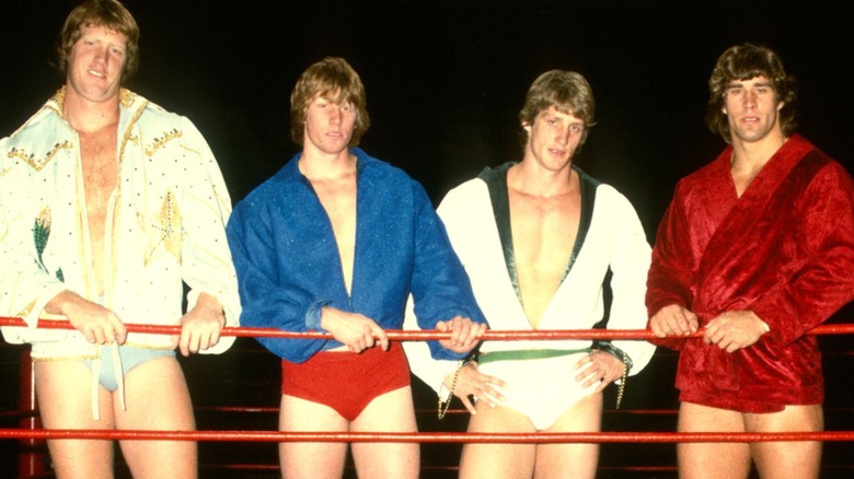 The Von Erich family posing in a ring 
