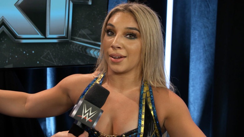 Thea Hail during her backstage interview after her return match. April, 2025