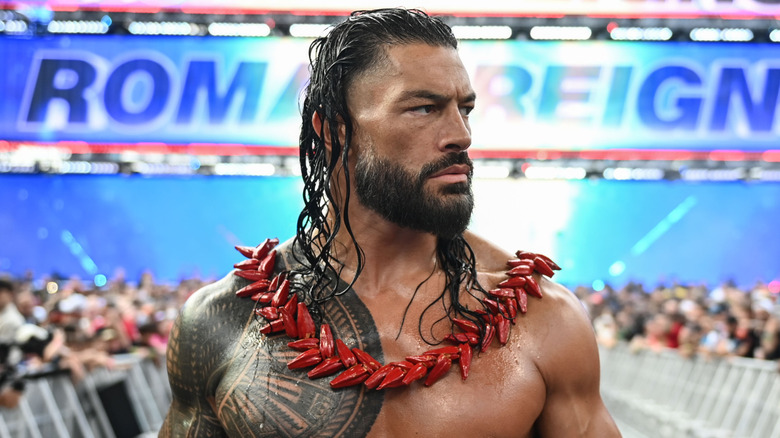 Roman Reigns makes his entrance during SummerSlam at MetLife Stadium on August 2, 2025 in East Rutherford, New Jersey.