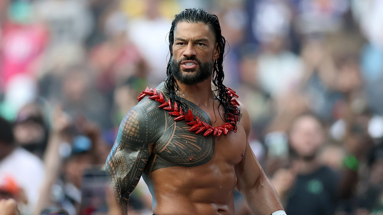 Roman Reigns makes an entrance before the tag team match during the WWE 2025 SummerSlam at MetLife Stadium on August 02, 2025 in East Rutherford, New Jersey.