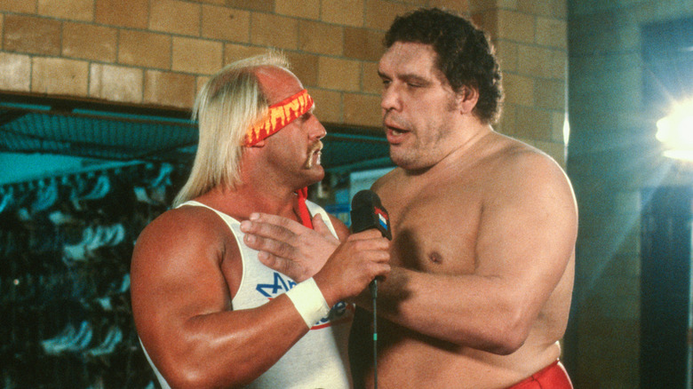 Hulk Hogan holding a microphone while Andre the Giant is speaking
