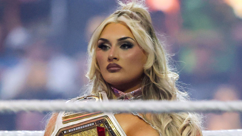 Tiffany Stratton holds her belt in the ring as she waits for her WWE Women's Championship match against Charlotte Flair during WrestleMania 41 at Allegiant Stadium on April 19, 2025 in Las Vegas, Nevada.