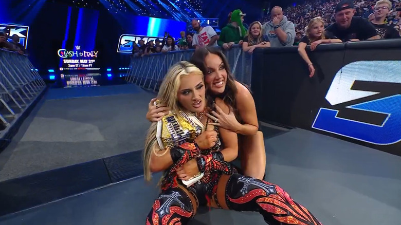 Tiffany Stratton and Chelsea Green celebrate at ringside