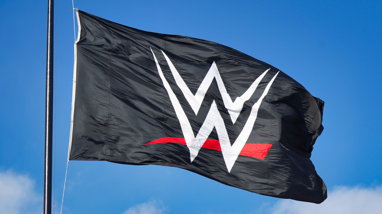 A black WWE flag billows in the wind.