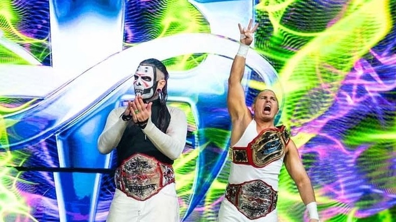 The Hardys (Matt and Jeff Hardy) get fired up at the entrance ramp before their match