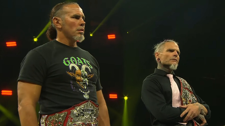 Matt and Jeff Hardy with the TNA Tag Team Championship belts