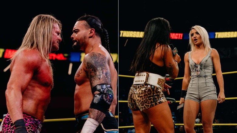 [Left] Mike Santana and Nic Nemeth face off [Right] Lei Ying Lee confronts Xia Brookside