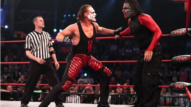 Sting punches Jeff Hardy in the corner at TNA Victory Road 2011