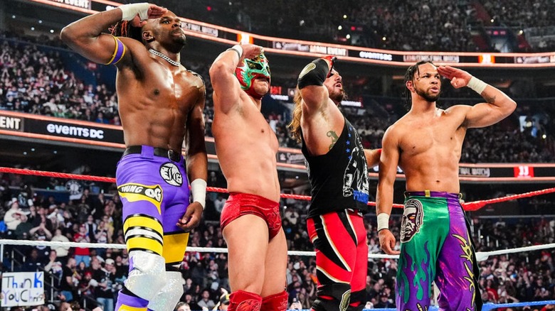 Je'Von Evans, Dragon Lee, AJ Styles and Leon Slater salute John Cena at Saturday Night's Main Event