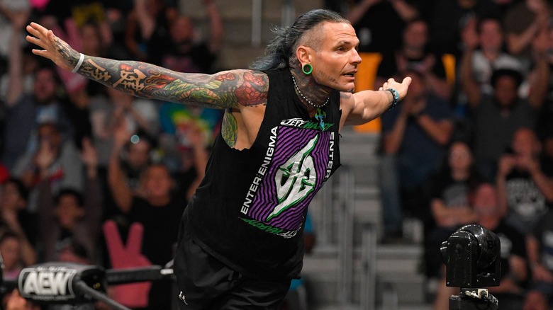 Jeff Hardy at the turnbuckle gesturing toward the crowd during an appearance on AEW television, 2023.