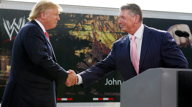 Vince McMahon and Preisdent Donald Trump shaking hands at a WWE Press Conference