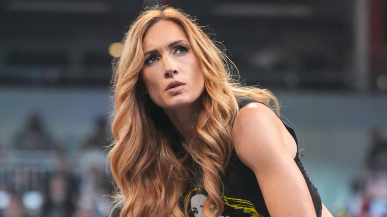 Becky Lynch prepares to address the crowd during Monday Night RAW at KFC YUM! Center on May 12, 2025 in Louisville, Kentucky.