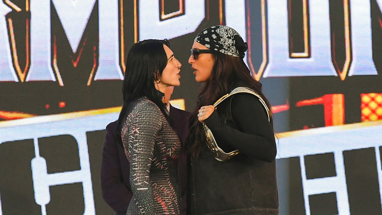 Rhea Ripley and Raquel Rodriguez confront each other during WWE Night Of Champions - Kickoff Show at Kingdom Arena on June 27, 2025 in Riyadh, Saudi Arabia.