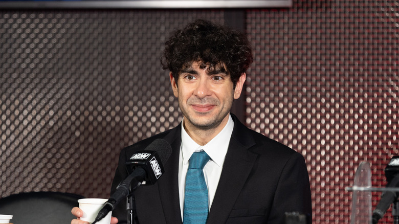 Tony Khan during a post-show media scrum