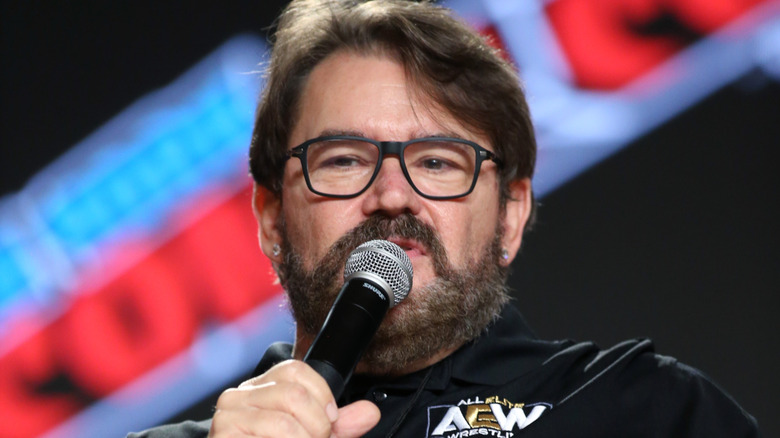Tony Schiavone speaks onstage during the All Elite Wrestling Invades New York Comic Con panel during Day 3 of New York Comic Con 2021 at Jacob Javits Center on October 09, 2021 in New York City.