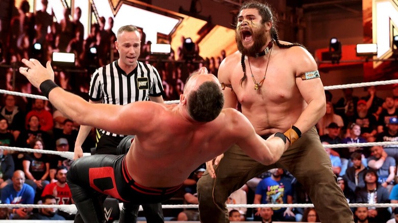 Trey Bearhill tries to takedown Dijak in a match on "WWE NXT."