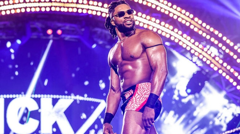 Trick Williams stands on the ropes in the corner before a match on "WWE NXT."