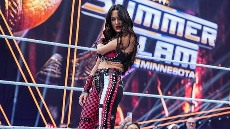 Brie Bella watches her sister Nikki pummel Paige while clutching her right shoulder