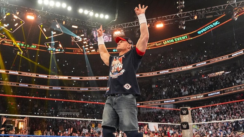 John Cena takes it in one last time in front of the crowd as part of his "Last Time Is Now" retirement match at Saturday Night's Main Event in December 2025