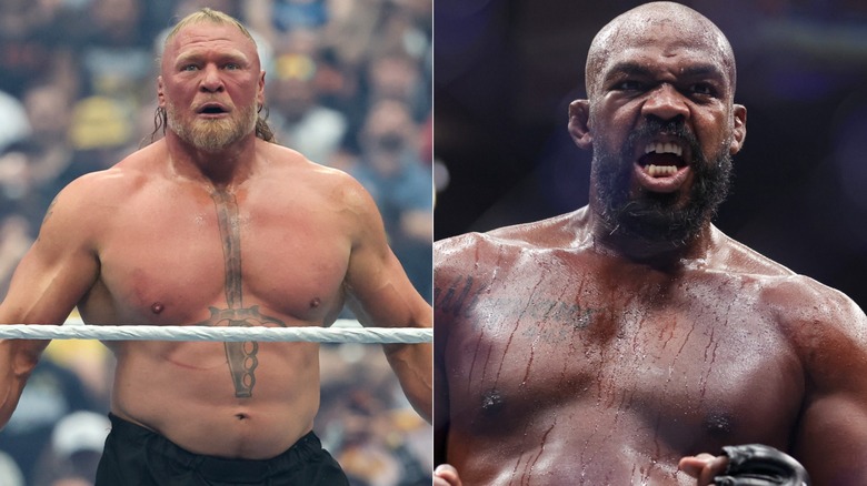 [Left] Brock Lesnar at WWE WrestleMania 42 and [Right] Jon Jones in the Octagon